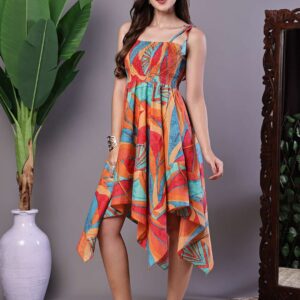 Women's Multicolor Printed Cotton Handkerchief Hem Dress Midi Dresses